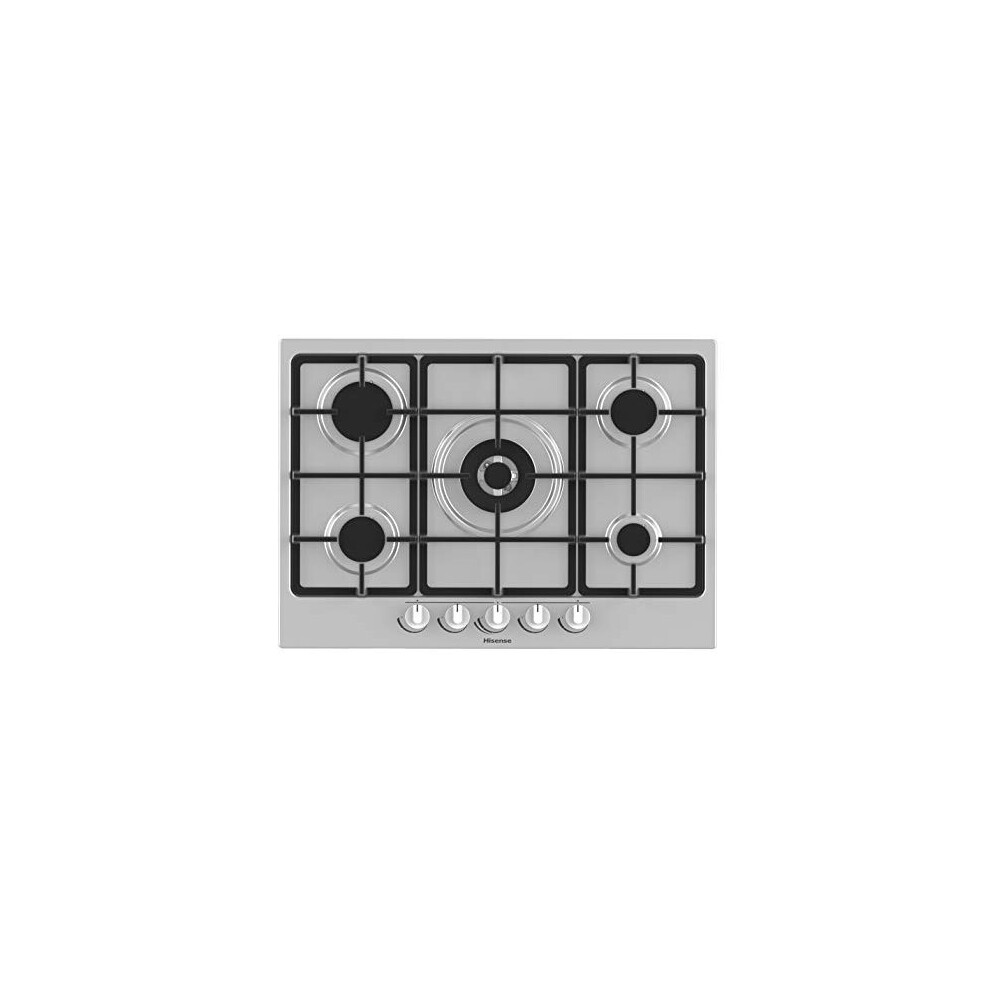Hisense GM773XF Gas Hob, 5 Cooking Zones, Width 70 cm, Double Crown Wok Burner and Cast Iron Grills, Integrated Ignition, Stainless Steel Anti-Imprint