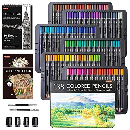Shuttle Art 138 Colours Professional Colouring Pencils, Soft Core Coloured Pencils Set with 1 Colouring Book,1 Sketch Pad, 4 Sharpener, 2 Pencil