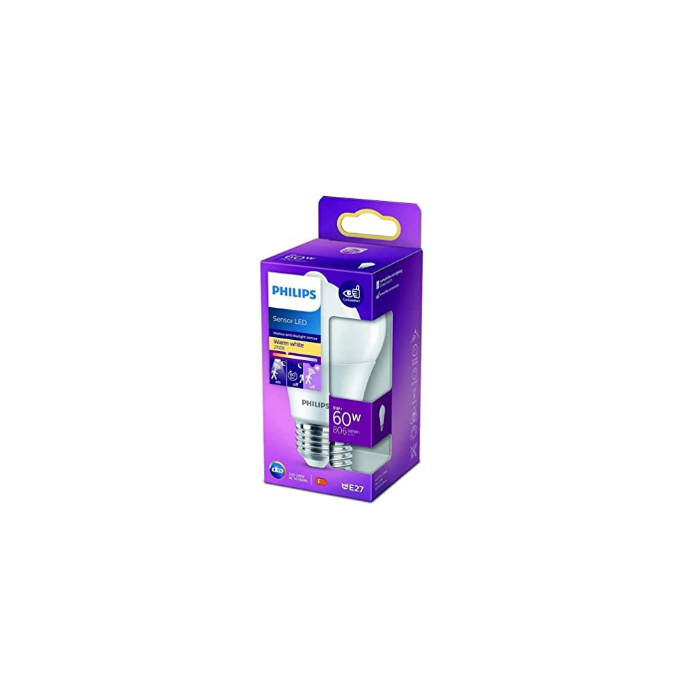 Philips LED Premium Sensor Frosted Light Bulb [E27 Edison Screw] 8W - 60W Equivalent, Warm White (2700K), Non Dimmable