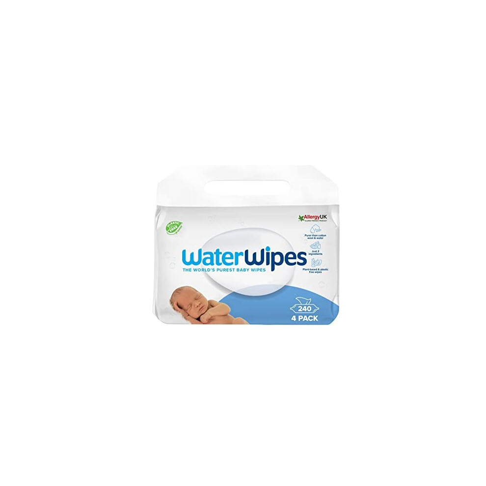 WaterWipes Original Plastic Free Baby Wipes, 240 Count (4 packs), 99.9% Water Based Wet Wipes & Unscented for Sensitive Skin