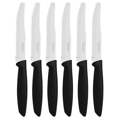 Tramontina Kitchen Knives Set of 6, Serrated Fruit Tomato Cooking Knife, Vegetable Chopper Peeler, Stainless Steel, Multipurpose, Rounded Tip, Black,