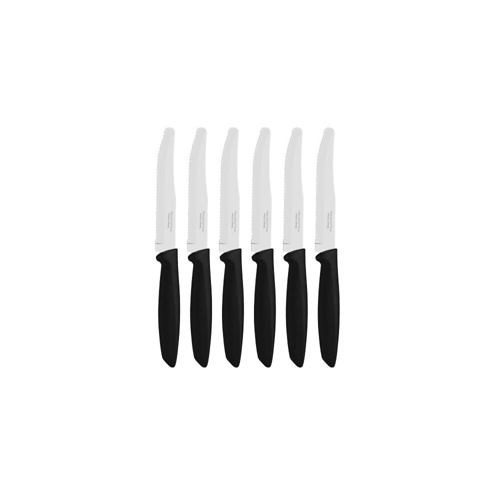 Tramontina Kitchen Knives Set of 6, Serrated Fruit Tomato Cooking Knife, Vegetable Chopper Peeler, Stainless Steel, Multipurpose, Rounded Tip, Black,