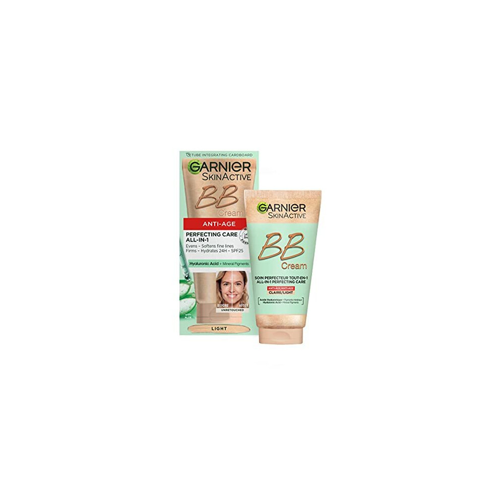 NEW & IMPROVED Garnier SkinActive Anti-Age BB Cream, Shade Light, Tinted Moisturiser SPF 25, Softens Fine Lines & Firms Skin, With Hyaluronic Acid,