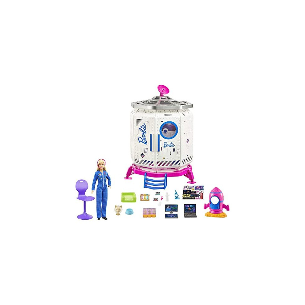 Barbie Space Discovery Space Station Playset with Space Explorer Doll, Puppy, Workstation, Satellite Space Scenes & 20 Space Station Items:Chair, Test