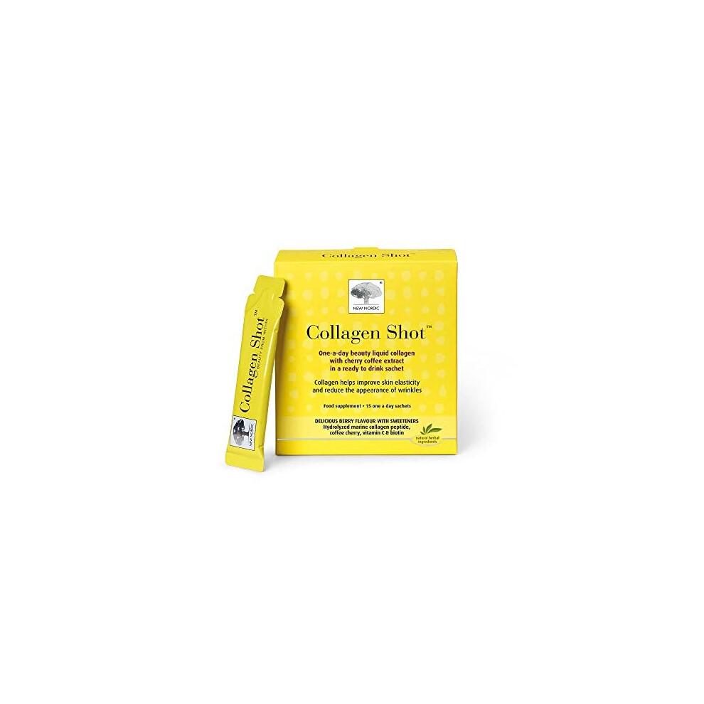 New Nordic Collagen Shot High-Absorbency Premium Liquid Daily Sachets - 15x Hydrolyzed Shots - Freshwater Marine Collagen with Coffee Cherry, Vitamin