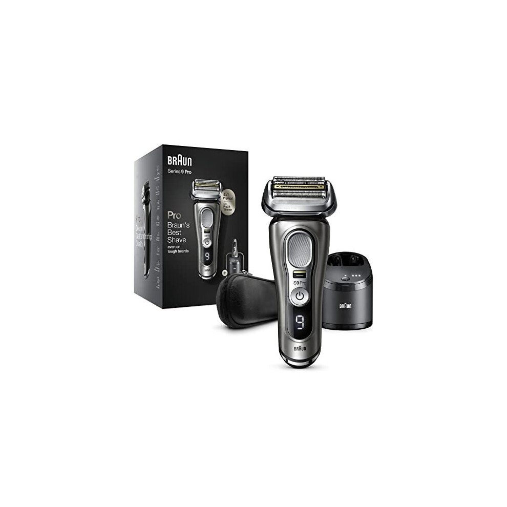 Braun Series 9 Pro Electric Shaver With 4+1 Head, ProLift Trimmer, 5-in-1 SmartCare Center & Leather Travel Case, UK 2 Pin Plug, 9465cc, Silver Razor