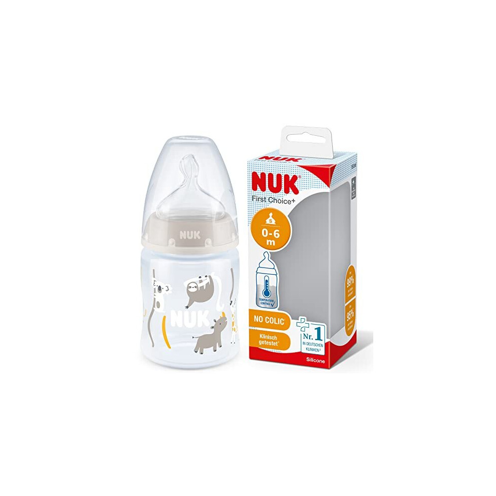 NUK First Choice+ Baby Bottle| 0-6 Months | Temperature Control | Anti Colic Vent | 150 ml | BPA-Free | Silicone Teat | Safari (Beige)