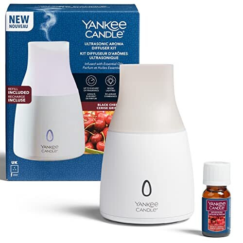 Yankee Candle Yankee Candle Ultrasonic Aroma Diffuser Kit | Black Cherry Aroma Diffuser Oil | LED Colour Changing | Auto Off Timer | Quiet Operation | UK Plug