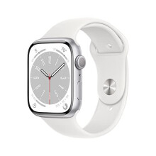 Apple Watch Series 8 (GPS 45mm) Smart watch - Silver Aluminium Case with White Sport Band - Regular. Fitness Tracker, Blood Oxygen & ECG Apps, Water - Refurbished