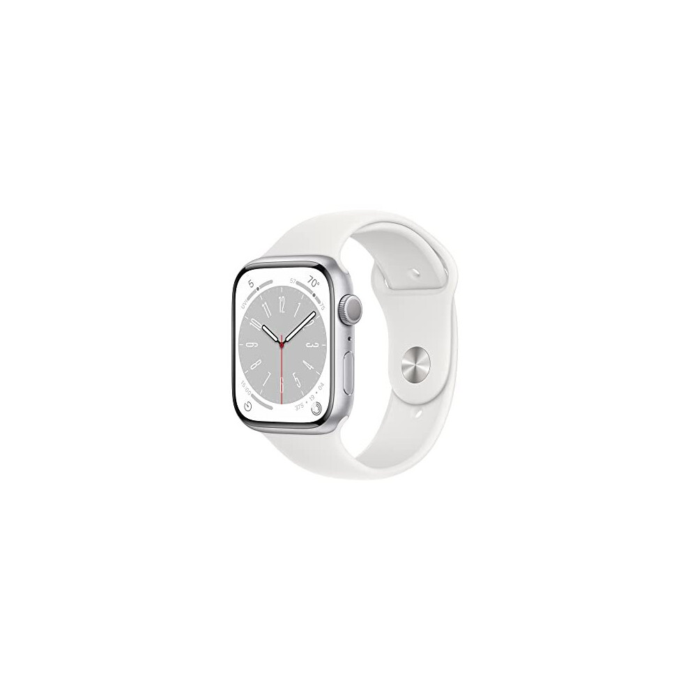 Apple Watch Series 8 (GPS 45mm) Smart watch - Silver Aluminium Case with White Sport Band - Regular. Fitness Tracker, Blood Oxygen & ECG Apps, Water