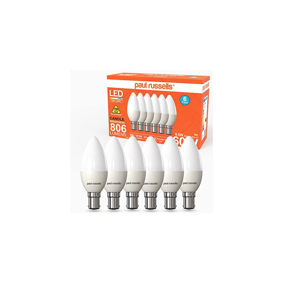 paul russells 6.5W LED Candle Light Small Bayonet Cap B15D, 60w Bulb, 806LM LED Bulbs, 6500K Daylight Lamps, Frosted C35 SBC Energy Saving Chandelier