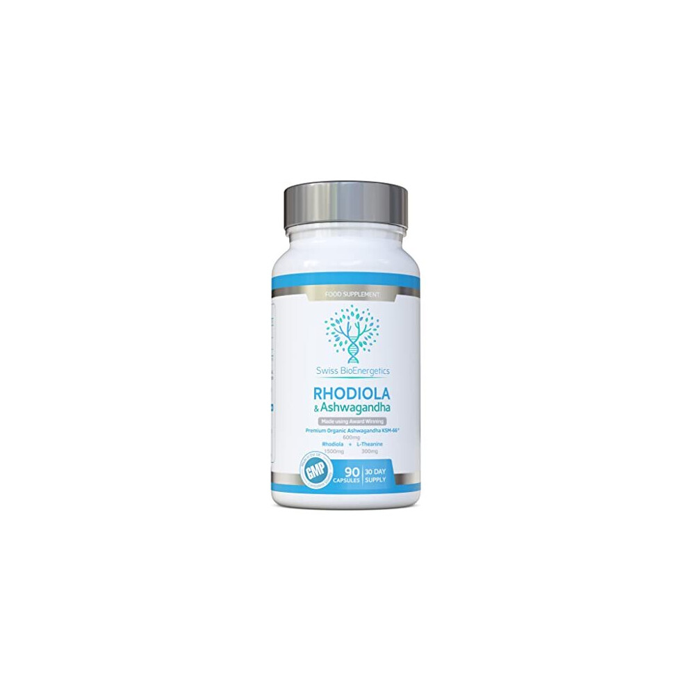 Swiss Bioenergetics Rhodiola & Ashwagandha With L-Theanine - Award Winning Ashwagandha Ksm-66 600Mg & 1500Mg Rhodiola (3% Rosavins - 1% Salidrosides) Whole Root