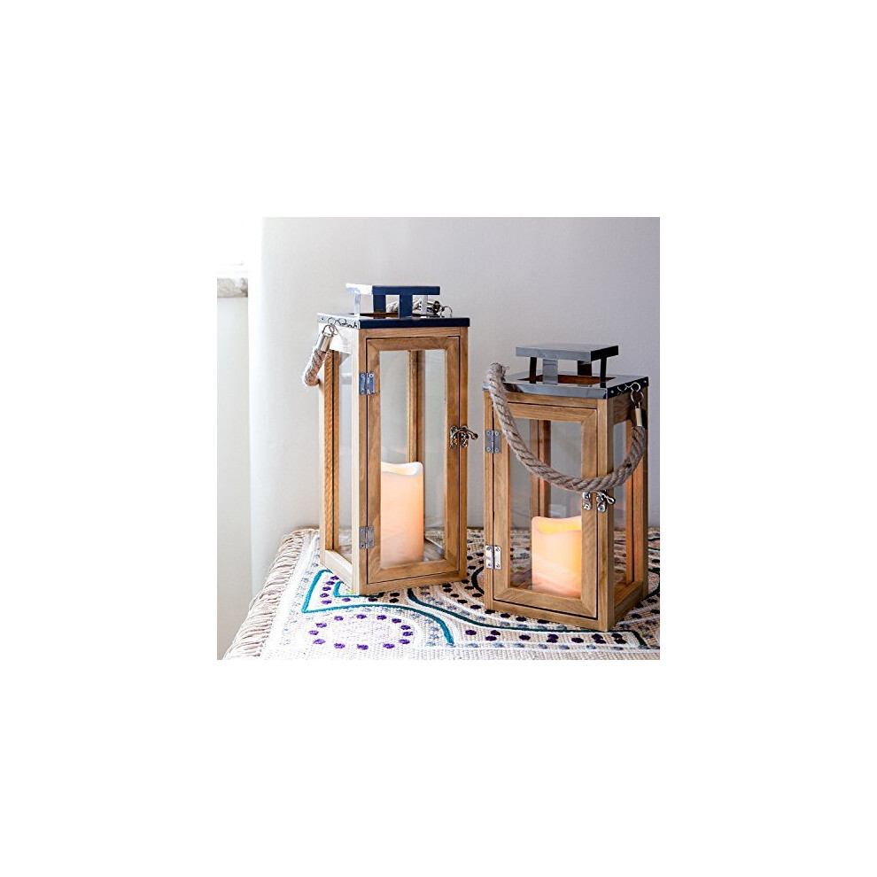 Lights4fun Large Nautical Wooden Decorative Candle Lantern LED Battery Operated with Rope Handle 34cm
