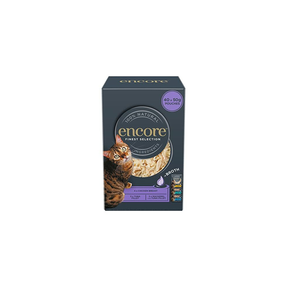 Encore 100% Natural Wet Cat Food Pouch, Chicken and Fish Multipack in Broth, 4x 10x50g Pouches (Total 40 pouches)