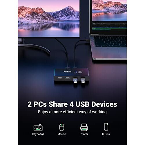 UGREEN Boîtier de commutation 2x USB-A vers 4x USB-A 2.0 - Noir 1
