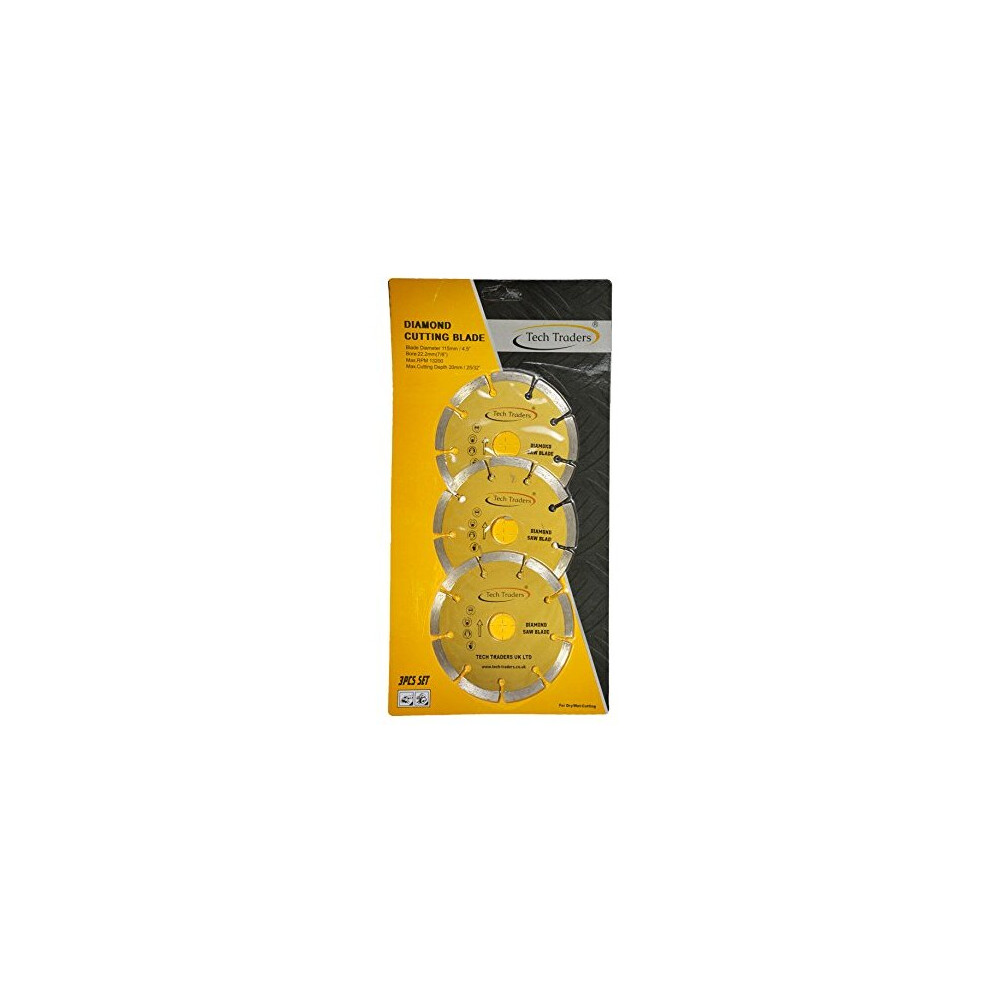Tech Traders  3 x 115mm 4.5&quot Diamond Disc Cutting Blade Angle Grinder Stone Brick Concrete