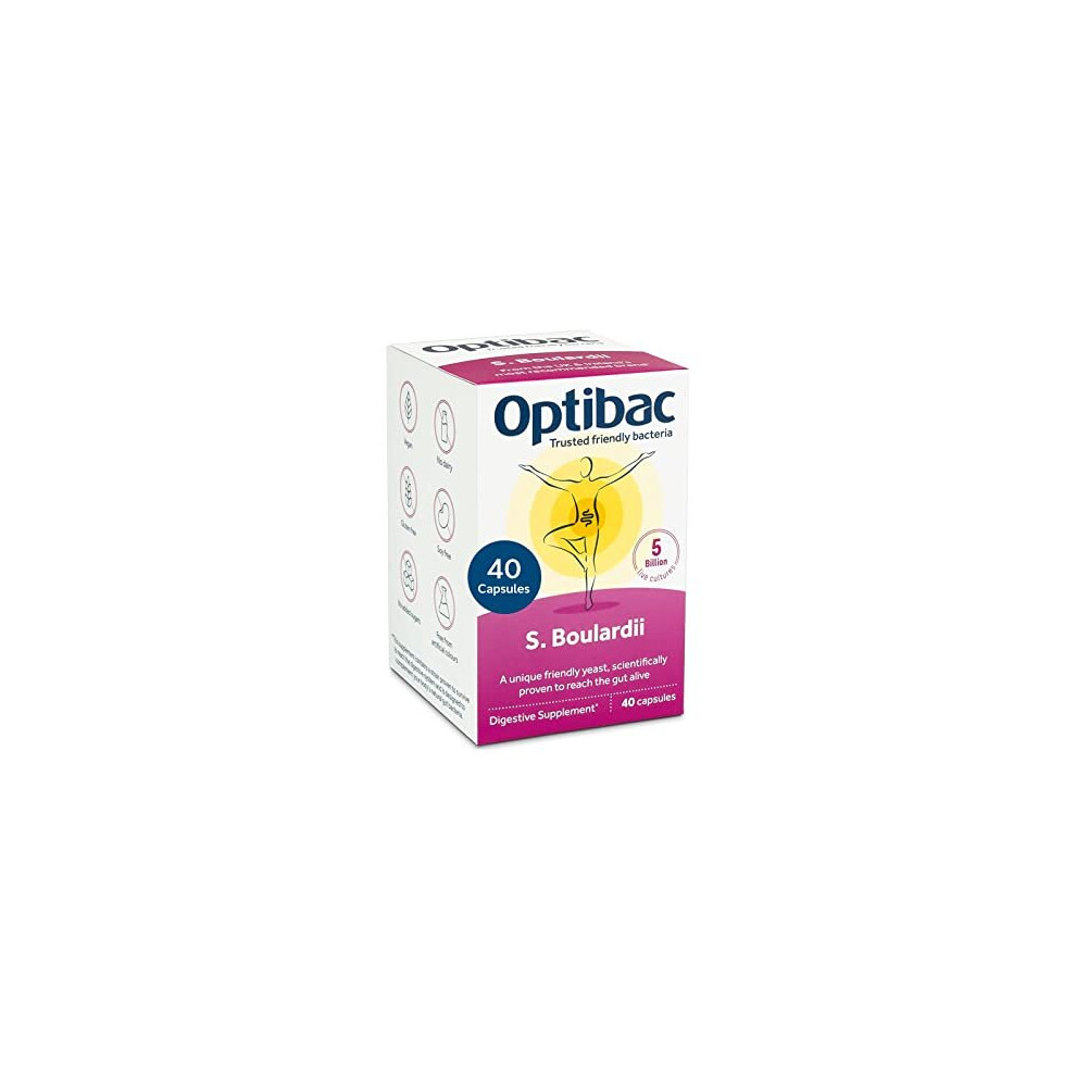 Optibac Probiotics Saccharomyces Boulardii - Vegan Scientifically Proven Digestive Probiotic Supplement, 5 Billion Cfu - 40 Capsules
