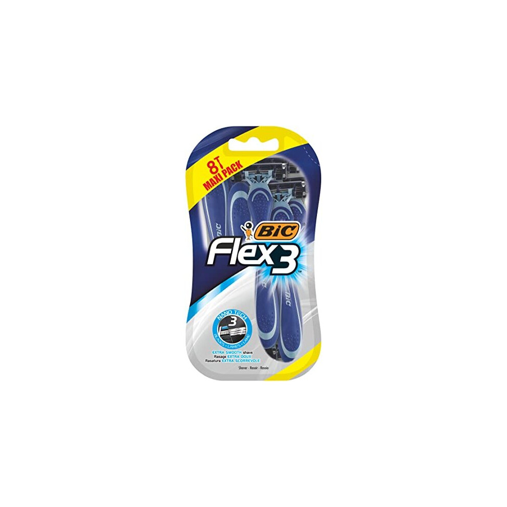 Bic Flex 3 Comfort Men's Razors, Pack of 8 - with Three Movable-Blade Razors and Lubricating Strips for an Extra Smooth Shave