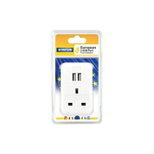 STATUS UK to EU European Plug with USB Port Adapter | 3 Pin to 2 Pin European Travel Adaptor | White 2 Port USB Adapter Plug | S2USBPTEURO ST - 82