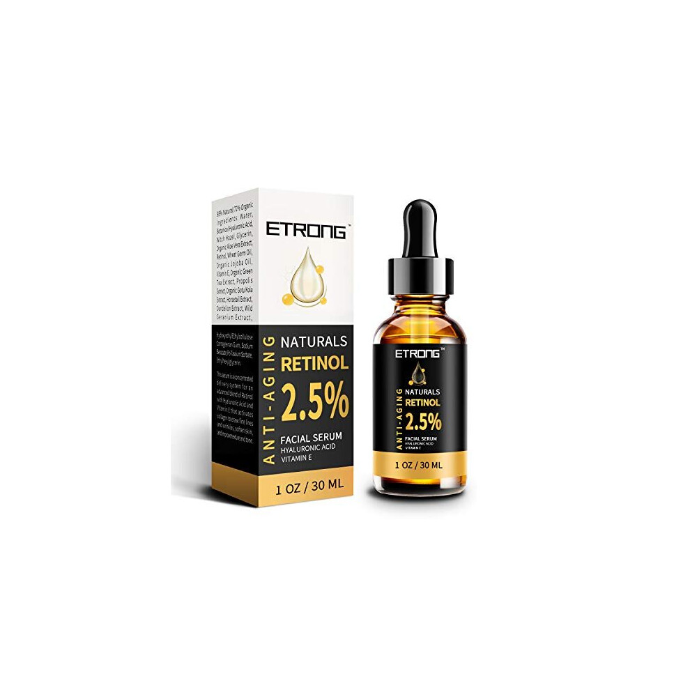 Etrong Retinol Serum, High Strength Anti-Aging Serum With 2.5% Retinol,Hyaluronic Acid And Vitamin E For Face Acne (30Ml) Gold
