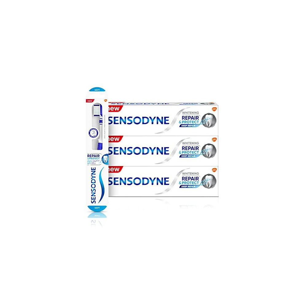 Sensodyne Sensitive Teeth Regime Kit with 3 Whitening Toothpaste and 1 Repair and Protect Soft Toothbrush, 4 Count (Pack of 1)