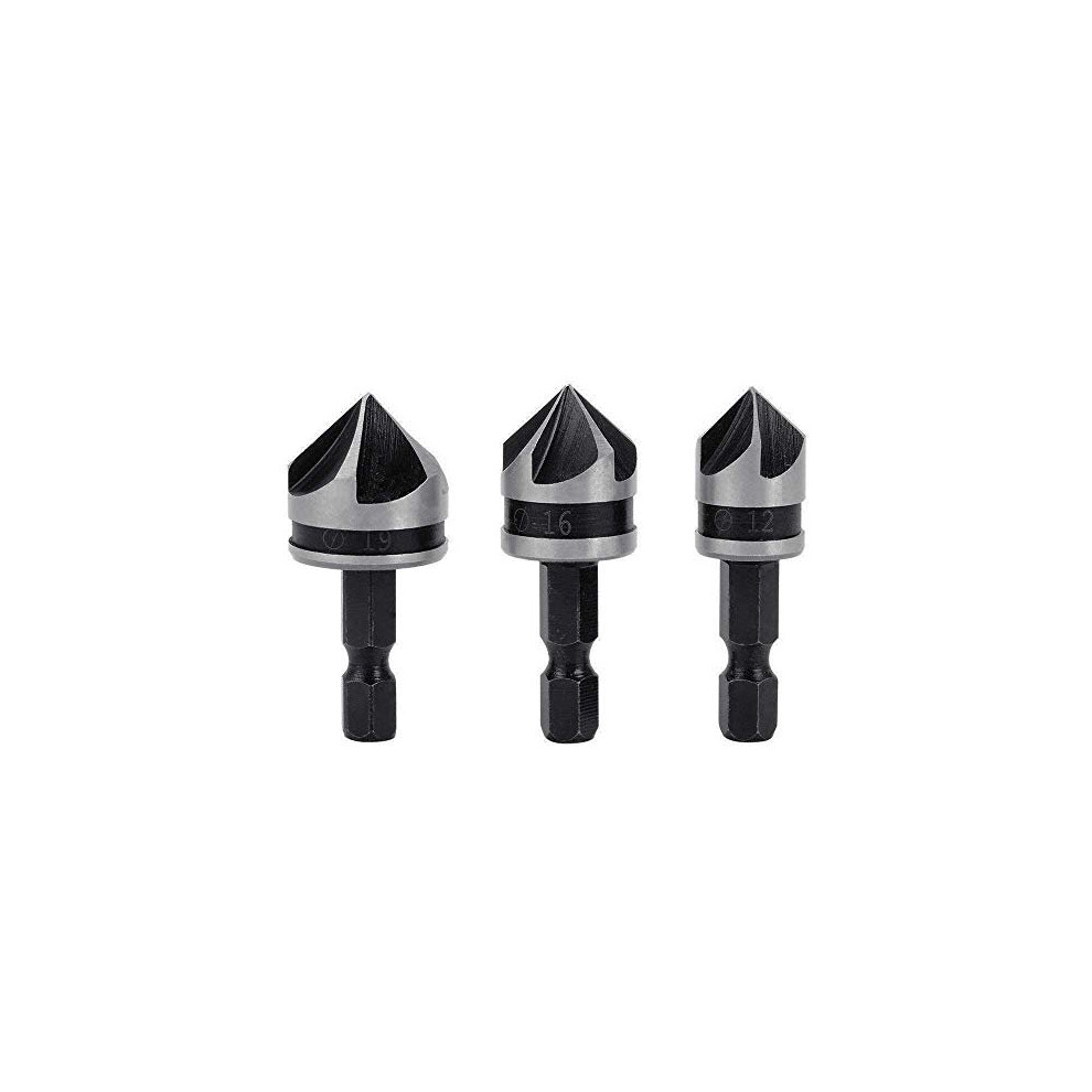 Gasea 3Pcs 1/4 Inch Hex Shank 5 Flute 90 Degree Chamfering Countersink Drill Bit Set 12Mm 16Mm 19Mm 603935143646