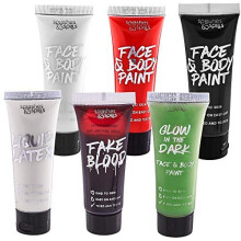 Horror SFX Kit for Halloween makeup– Full set of 6 includes Liquid Latex, Fake Blood, Glow in the Dark Face & Body Paint, plus White, Black and Red