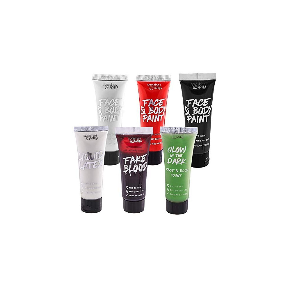 Splashes & Spills Horror Sfx Kit For Halloween Makeup– Full Set Of 6 Includes Liquid Latex, Fake Blood, Glow In The Dark Face & Body Paint, Plus White, Black And Red