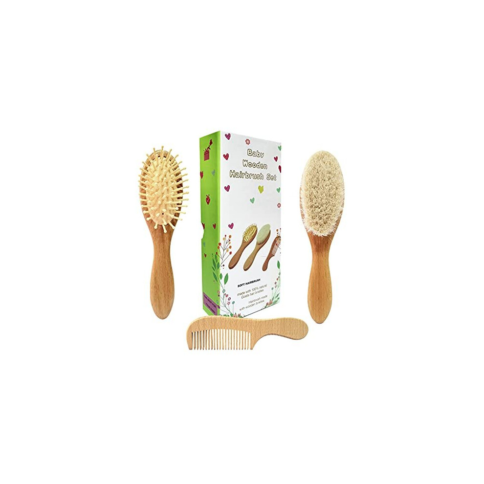 3 Piece Baby Hair Brush And Comb Set For Newborn - Natural Wooden Hairbrush With Soft Goat Bristles For Cradle Cap - Perfect Scalp Grooming Molylove