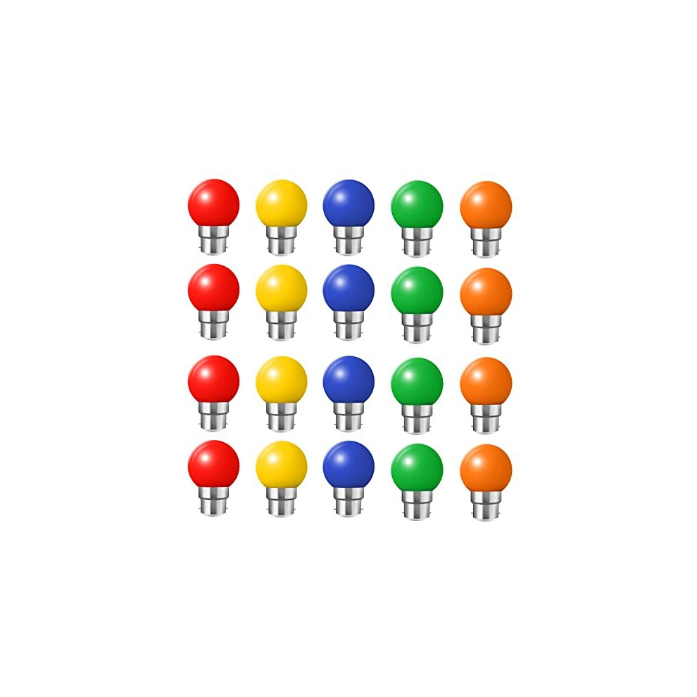 20x B22 Bayonet Cap LED Coloured Light Bulb Mini Globe Golfball Bulbs for Outdoor Patio Garden Party Christmas(Red Yellow Blue Green Orange)