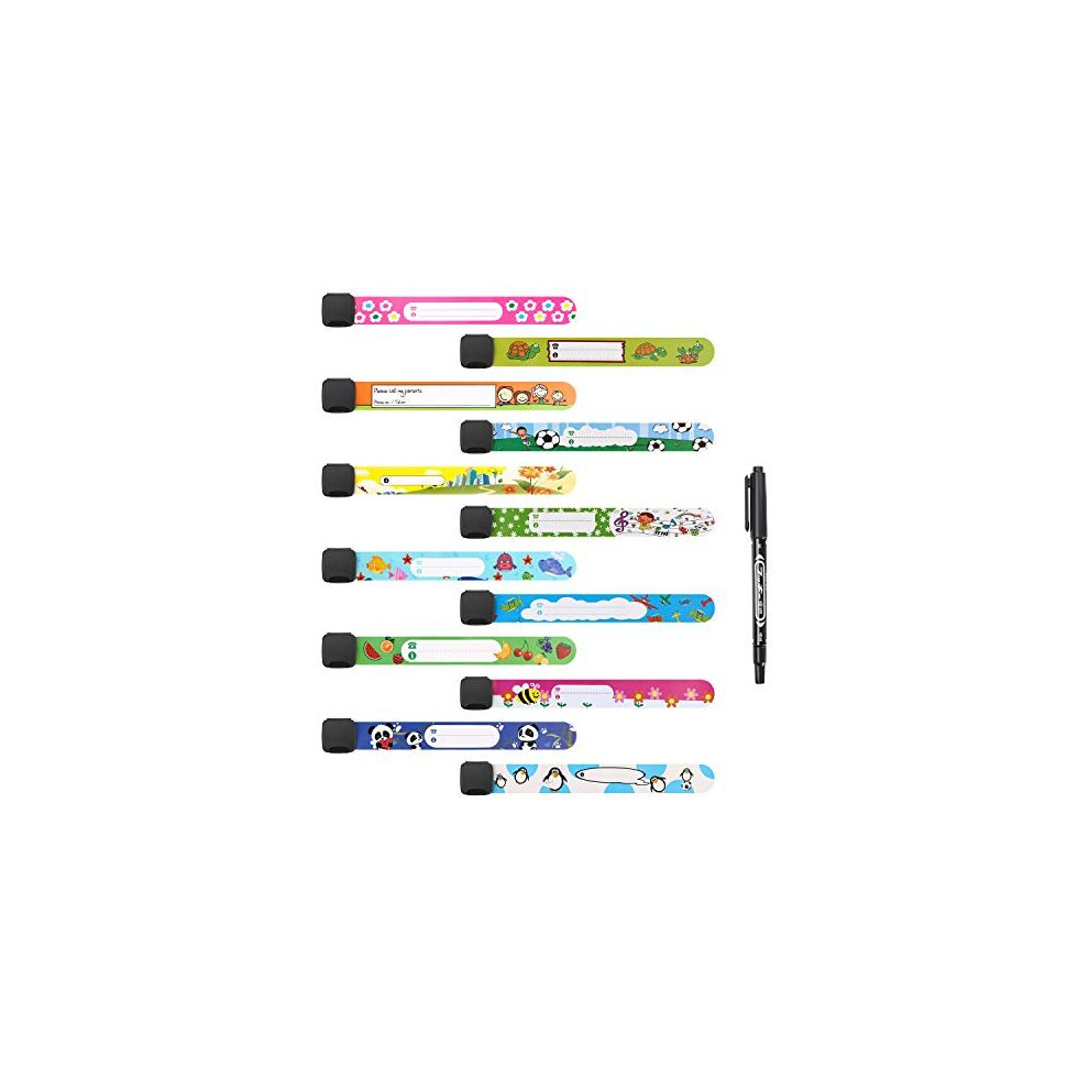 12 Pcs Child Safety Id Wristband, Kids Id Bracelet With Non Fading Pen For Children Emergency Bracelet, Anti Lost Child Id Bands Waterproof Vicloon
