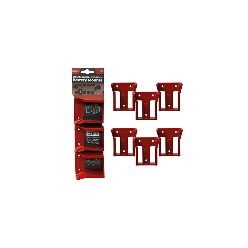 Stealthmounts Battery Holders For Milwaukee M18 | Cordless Battery Mounts For Milwaukee 18V Power Tools | 6 Pack | Battery Organizers For Red 650327936584