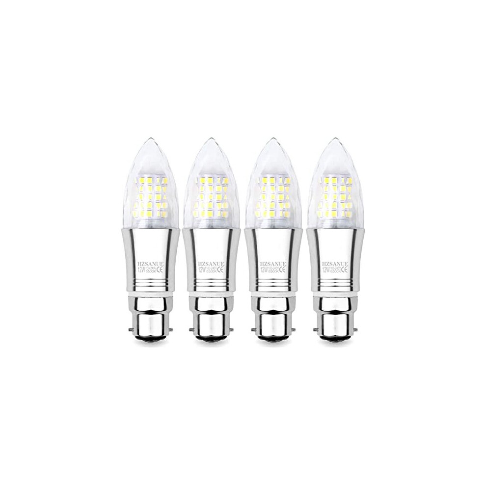 HZSANUE B22 Bayonet Cap LED Candle Bulbs 12W, 6500K Daylight White, Non Dimmable, 1350Lm, 100W Incandescent Bulbs Equivalent, 4-Pack