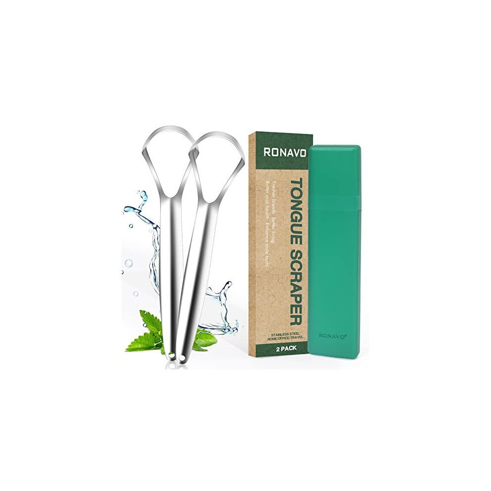 Ronavo Tongue Scraper, 2 Pack Tongue Cleaner For Oral Hygiene And Fresh Breath, 100% Stainless Steel Tongue Scrapers For Adults, Dentist Approved,