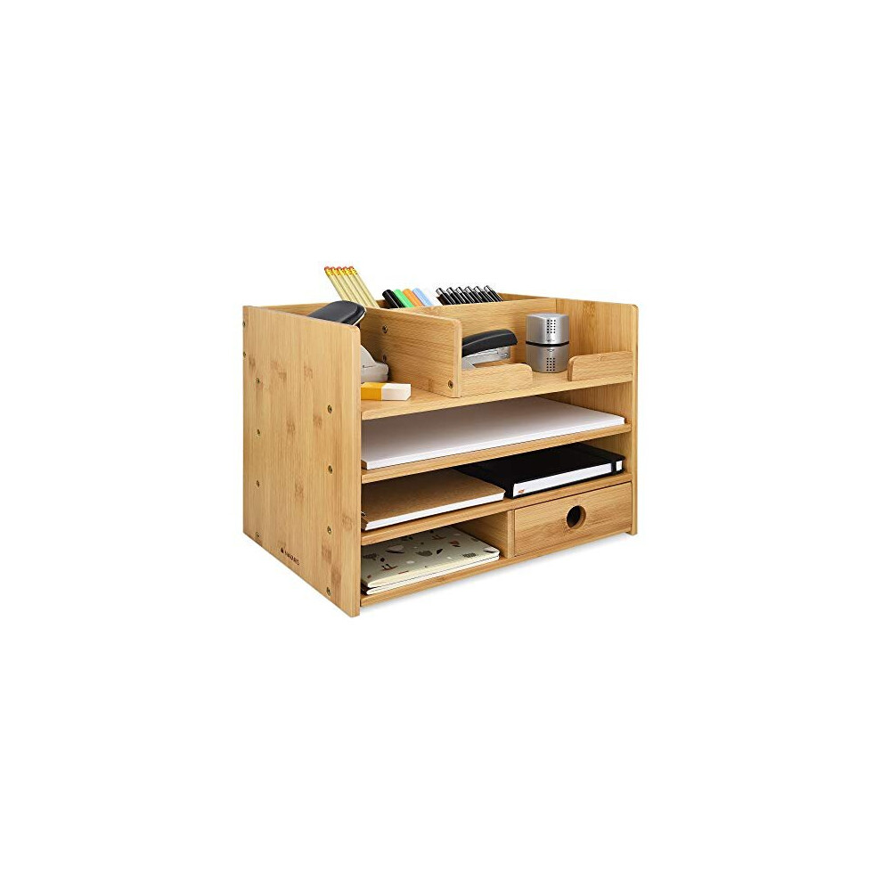 Navaris Bamboo Desk Organiser - Wooden Desktop Storage Drawers And Compartments For Organising Stationery, Documents, Files, Office Accessories