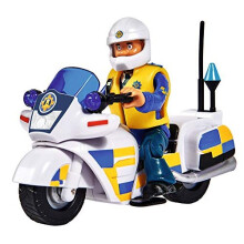 Fireman Sam Police Bike with Malcolm Figure (I-109251092) - Authentic Series 12 Motorcycle, White/Yellow/Blue, 3+