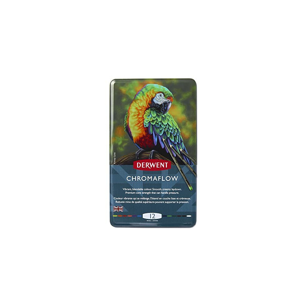 Derwent Chromaflow Pencils, Set Of 12 In Tin, 3.5Mm Round Core, Premium Core Strength, Blendable With Smooth Texture, Ideal For Drawing, Colouring &