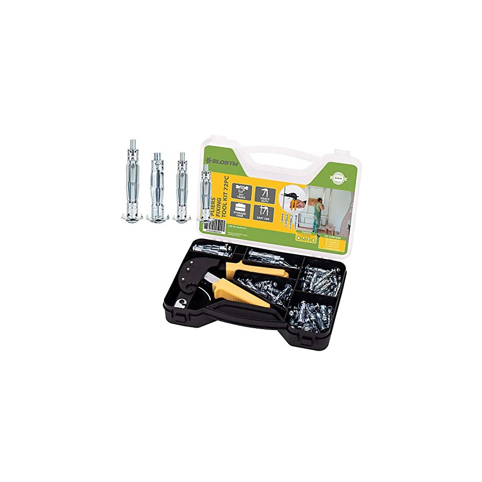 Blostm 72Pc Hollow Wall Fixings - Heavy Duty Plasterboard Fixings & Wall Anchor Setting Tool Rivet Gun Set With Carry Case - Plaster Boarding Fixings