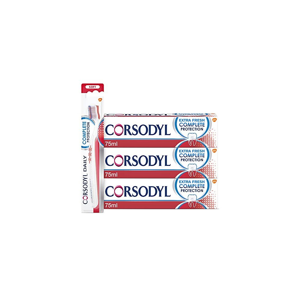 Corsodyl Gum Care Toothpaste And Toothbrush Multipack, Regime Kit (1 x Complete Protection Soft Toothbrush, 3 x Complete Protection Toothpaste Extra