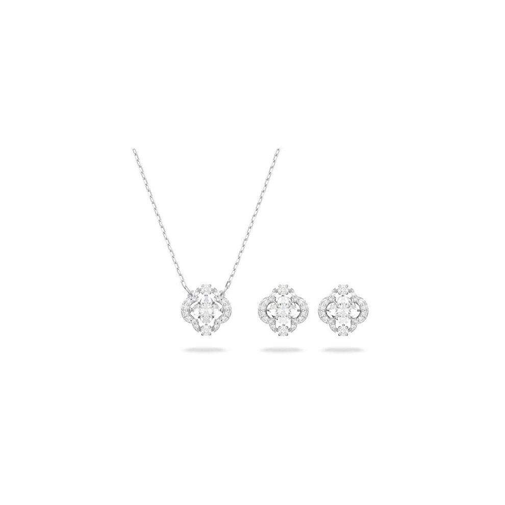 Swarovski Necklace and Earrings Stud Set, Clover Designs, Floating Clear Crystals, Rhodium Plated Settings, from the Sparkling Dance Collection