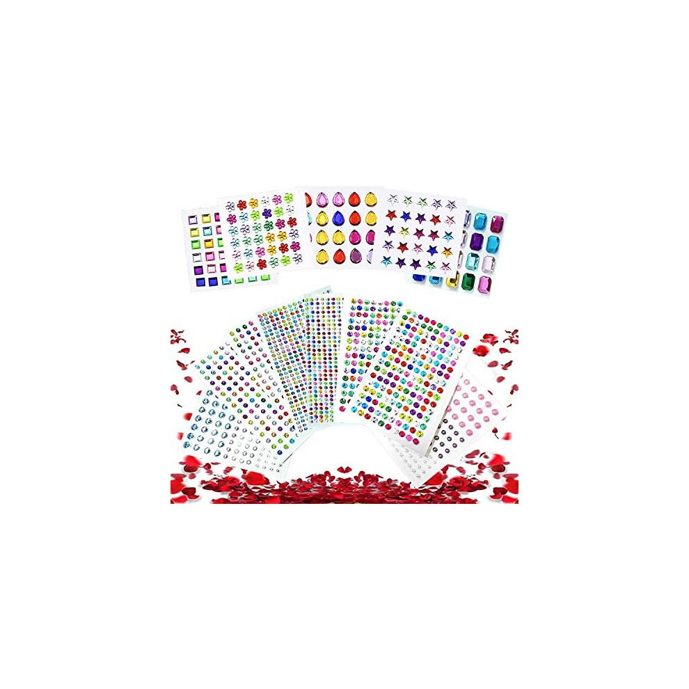 Rhinestone Stickers Self-Adhesive, 2000pcs Gem Stickers Jewels Stickers Rhinestone Crafts Bling Crystal Stickers Multicolored and Assorted Shapes Gems