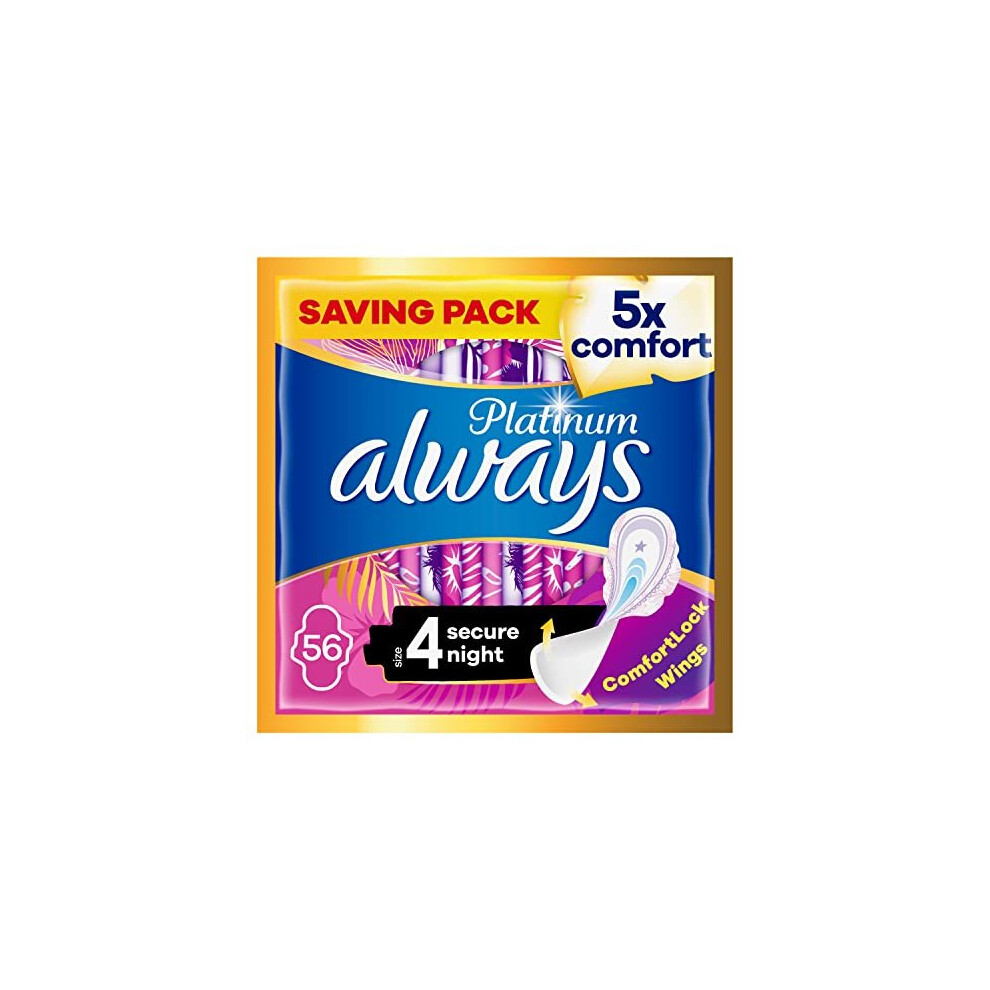 Always Platinum Secure Night (Size 4) Sanitary Towels With Wings 56 Pads, Ultra's Best Comfort & Protection