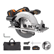 WORX WX520 18V(20V MAX) 190mm Cordless Brushless Circular Saw, External Rotor Motor, Power Share, 190mm Cutting Blade, Easy Blade Change, 1 Battery