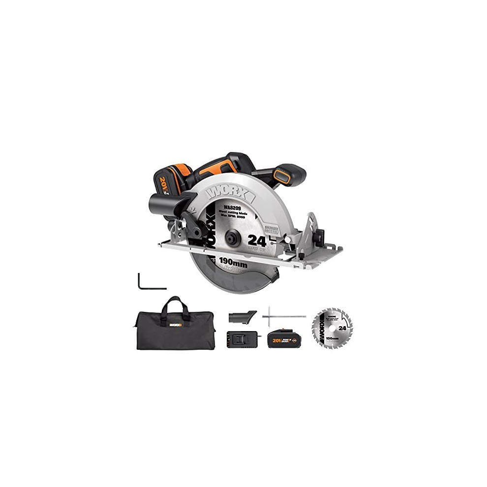 WORX WX520 18V(20V MAX) 190mm Cordless Brushless Circular Saw, External Rotor Motor, Power Share, 190mm Cutting Blade, Easy Blade Change, 1 Battery