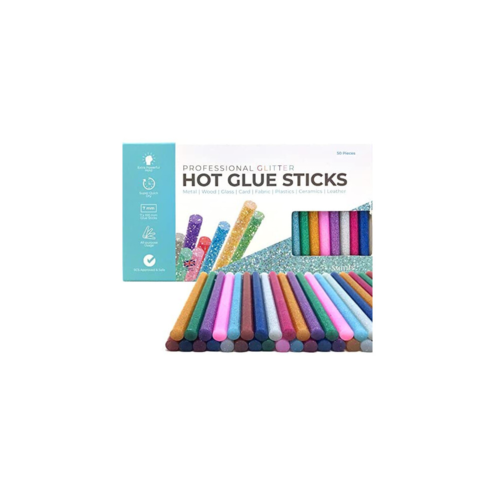 Smith's 50 Pack of Colourful Grade A+ Hot Glitter Glue Sticks | 7mm (Diameter) X 100mm (Length) | Glue Gun Refills | Blue, Purple, Green, Red,