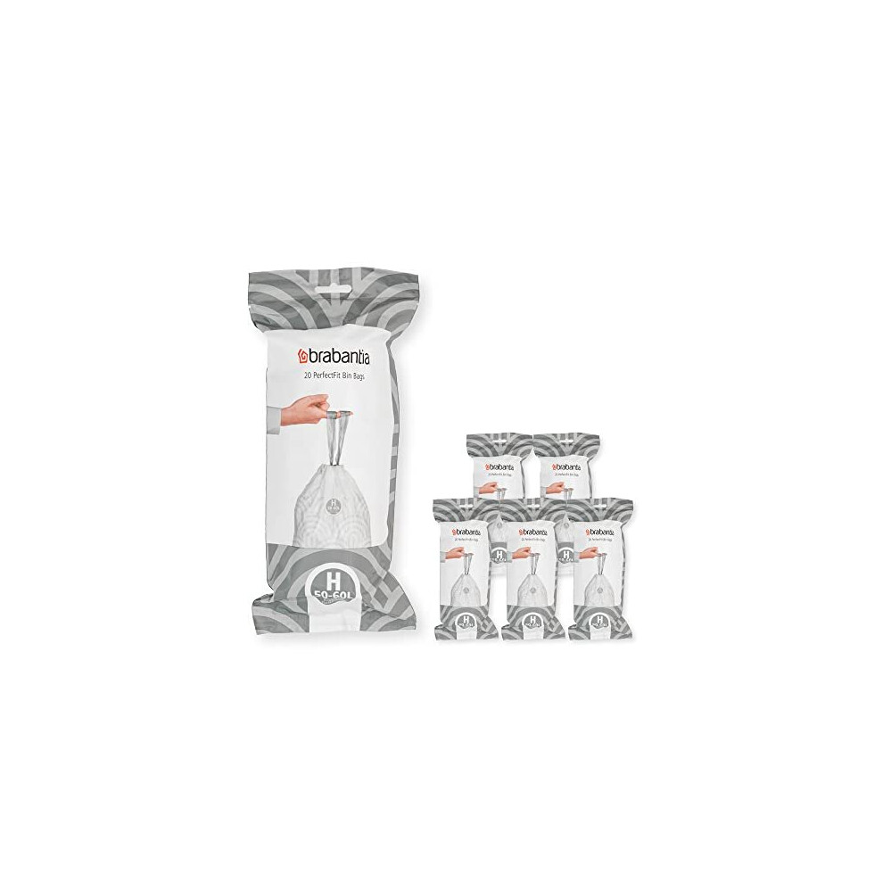 Brabantia 138782 PerfectFit Bin Liners Multipack (Size H/50-60 Litre) Thick Plastic Trash Bags with Tie Tape Drawstring Handles (120 Bags), White