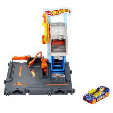 Set de Pista de Juguete Hot Wheels City Estación de Reparación con Vehículo 1:64, Elevador y Lanzador