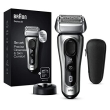 Braun Series 8 Electric Shaver With 3+1 Head, Precision Trimmer, Charging Stand & Travel Case, Sonic Technology, UK 2 Pin Plug, 8417s, Silver Razor