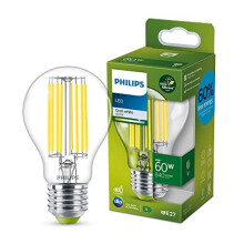Philips LED Ultra Efficient Light Bulb A Label Energy Rating [Cool White 4000K - E27 Edison Screw] 60W A60 Clear. for Indoor Home Lighting