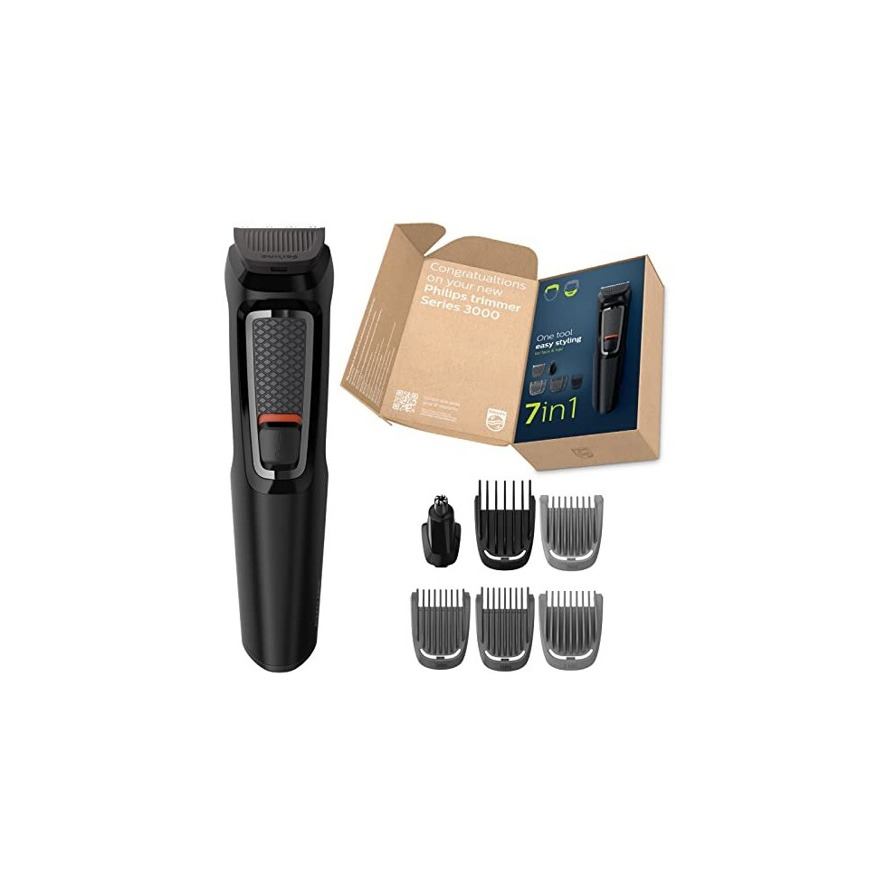 Philips 7-in-1 All-in-One Trimmer, Series 3000 Grooming Kit for Beard & Hair with 7 Attachments, Including Nose Trimmer, Self-Sharpening Blades, UK